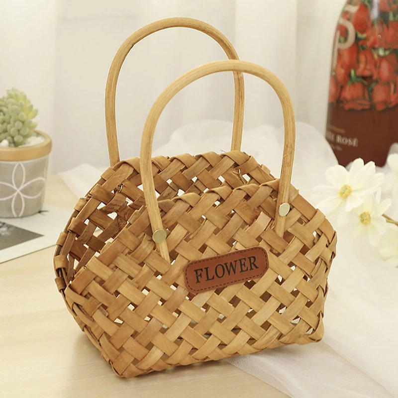 Mini woven flower basket with painted florals and natural fabric lining – another view