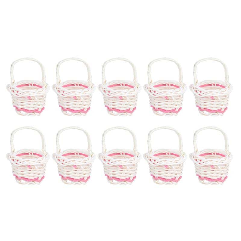 Set of ten mini handwoven flower baskets – white variant, multiple views