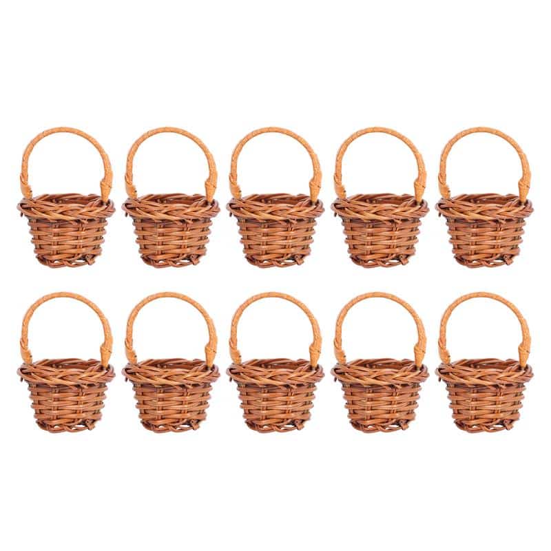 Set of ten mini handwoven flower baskets – brown variant, multiple views