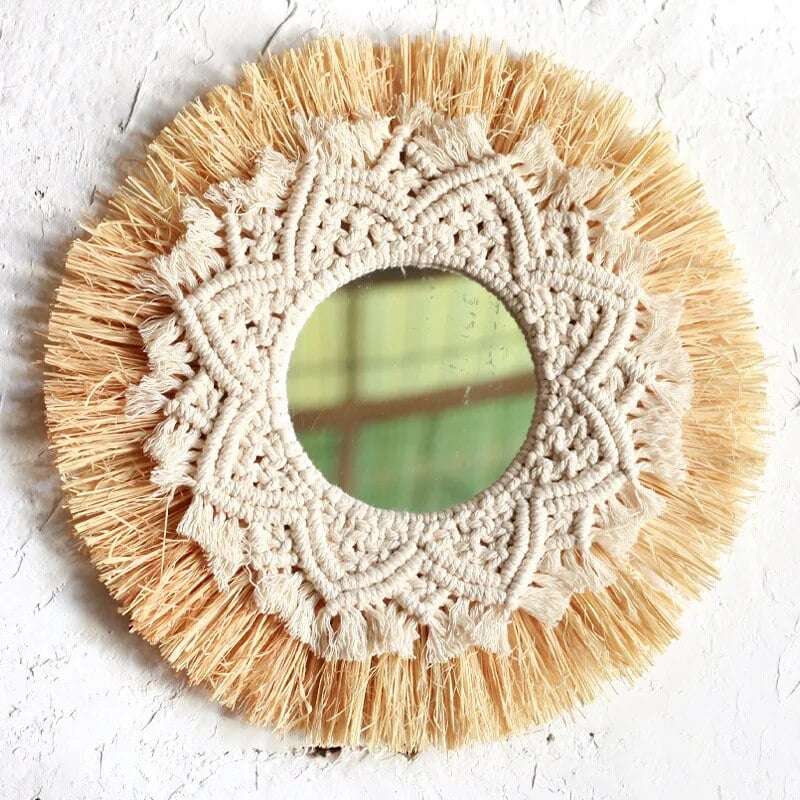 Boho handwoven straw and cotton wall mirror