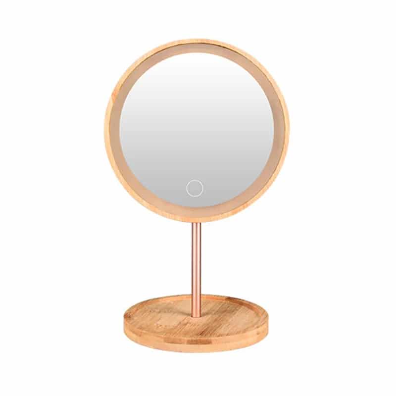Wooden makeup mirror with soft LED lighting