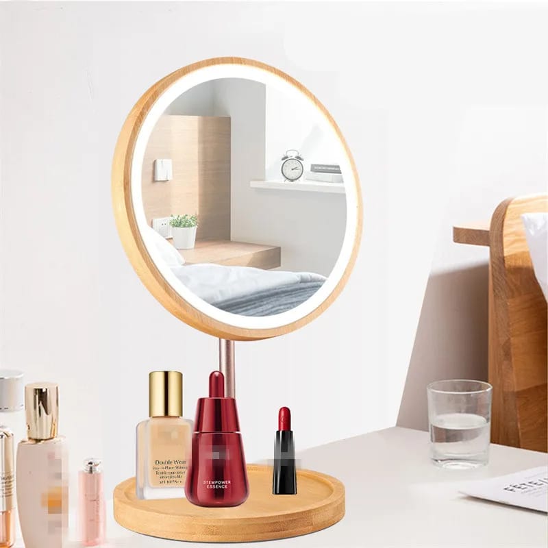 Wooden makeup mirror with soft LED lighting – shown lit in a room setting