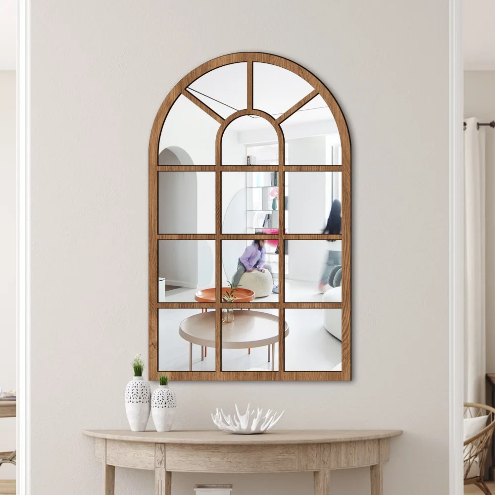 Wooden window pane wall mirror with crossbars – shown in a room setting