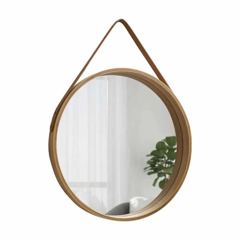 Round wooden mirror with a thick, grained border