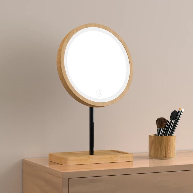 Swivel wooden vanity mirror with LED touch lighting – shown in a room setting