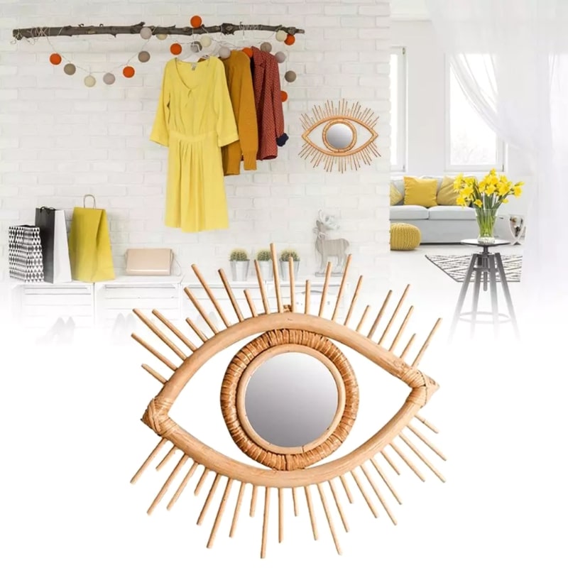 Adjustable handwoven rattan makeup mirror – shown in a room setting