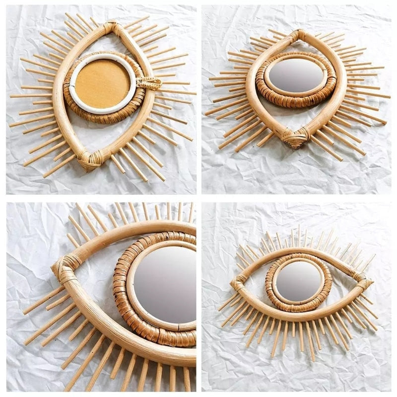 Adjustable handwoven rattan makeup mirror – multiple views