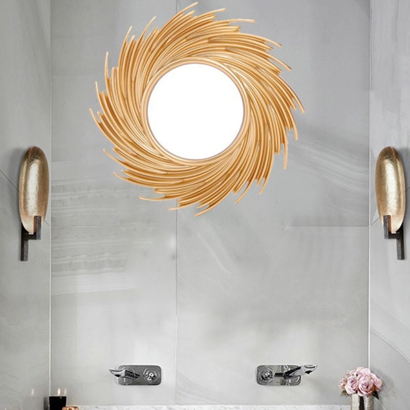 Round rattan vanity mirror with a discreet stand – shown in a room setting (3)