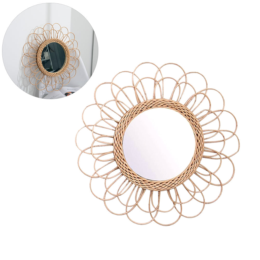 Large flower-shaped mirror with radiating natural rattan petals – multiple views