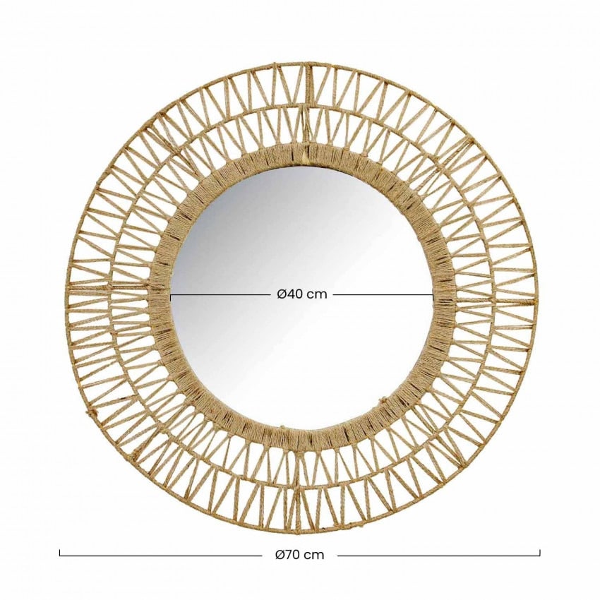 Natural rattan wall mirror with a tightly braided untreated frame – dimensions diagram