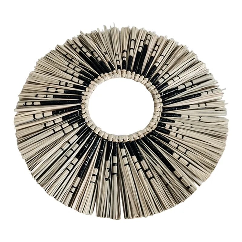 Round straw wall mirror with a tightly braided frame