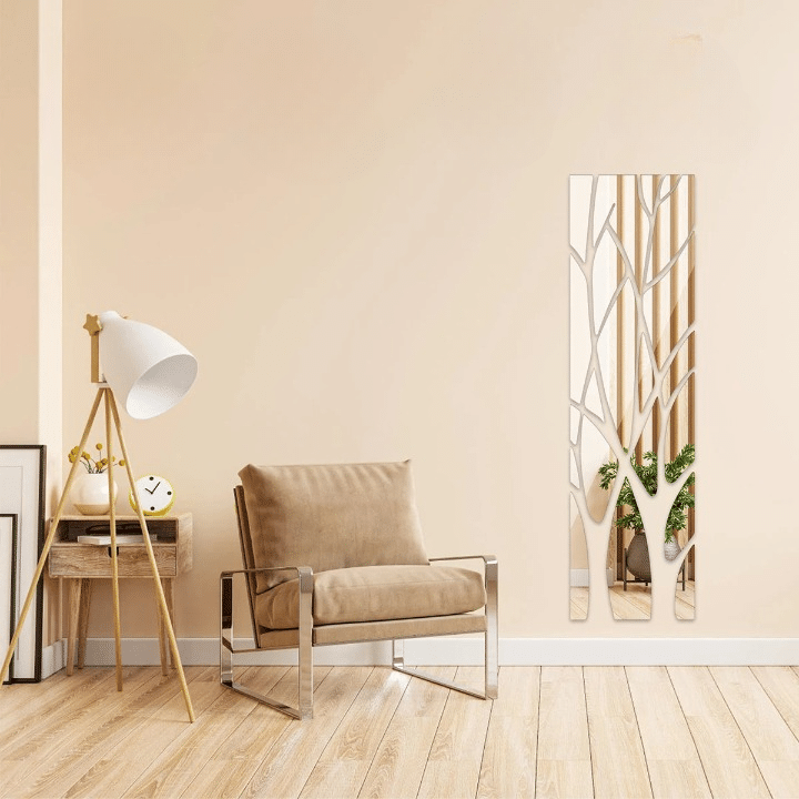 Self-adhesive door mirror framed by a braided rattan branch wreath – shown in a room setting (3)