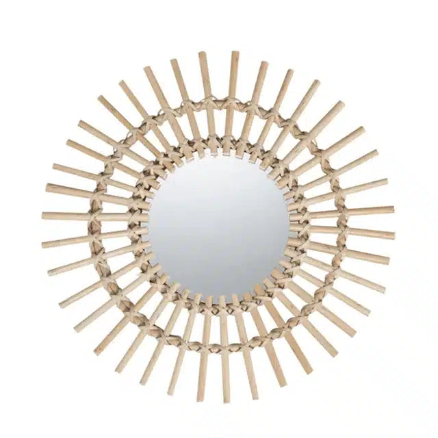 Rattan sunburst mirror with hand-braided rays in a star pattern