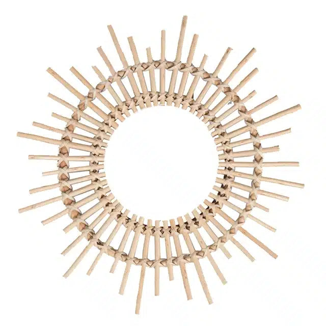 Rattan sun wall mirror with hand-braided rays of varied lengths