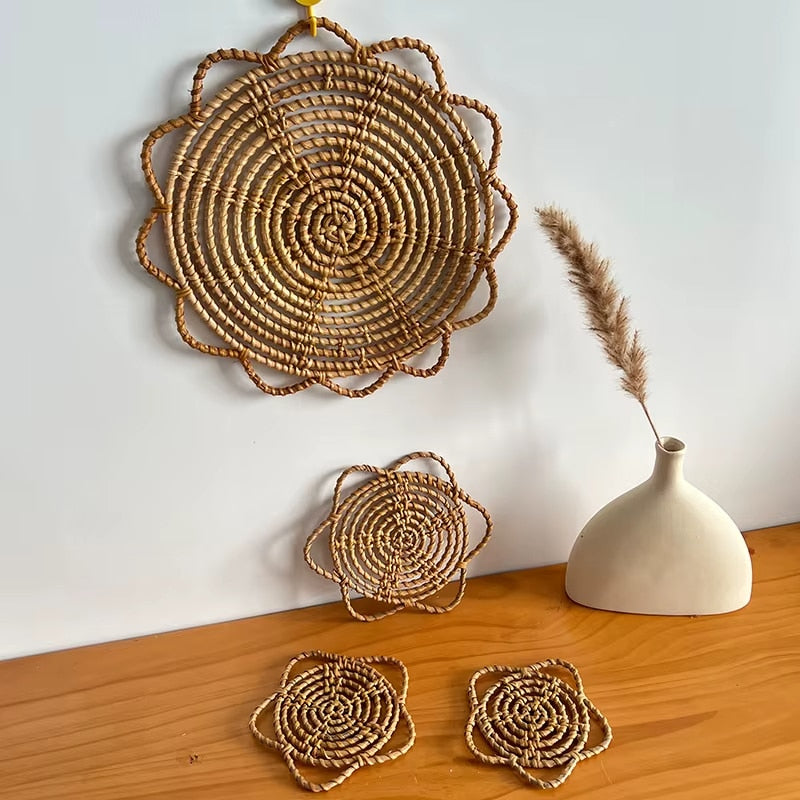 Boho round hand-braided rattan doily – shown in a room setting