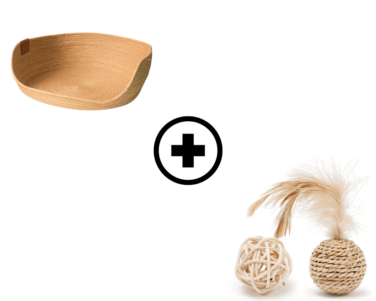 Rounded rattan pet bed with two toy balls – multiple views