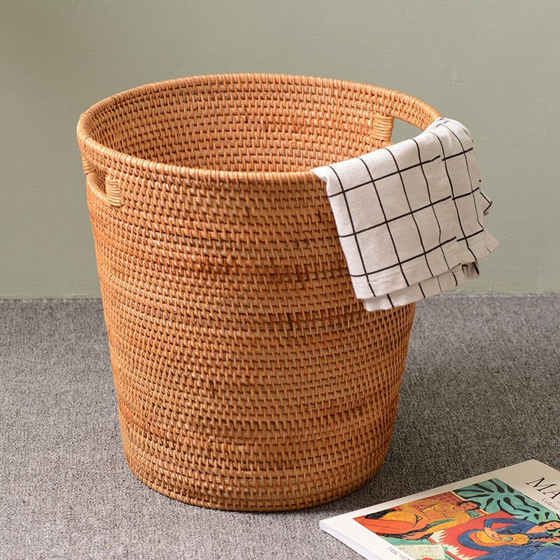 Structured natural rattan laundry hamper with two side handles