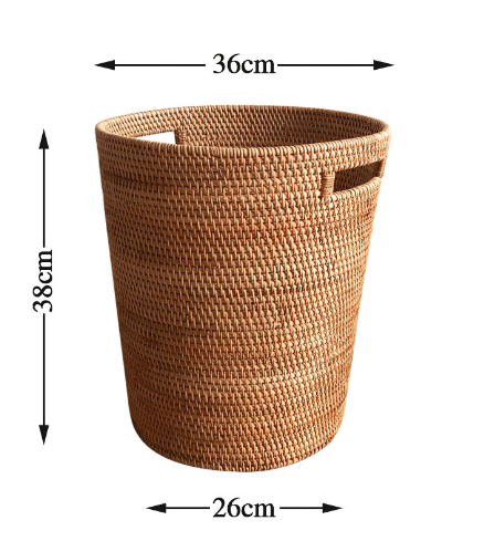 Structured natural rattan laundry hamper with two side handles – dimensions diagram