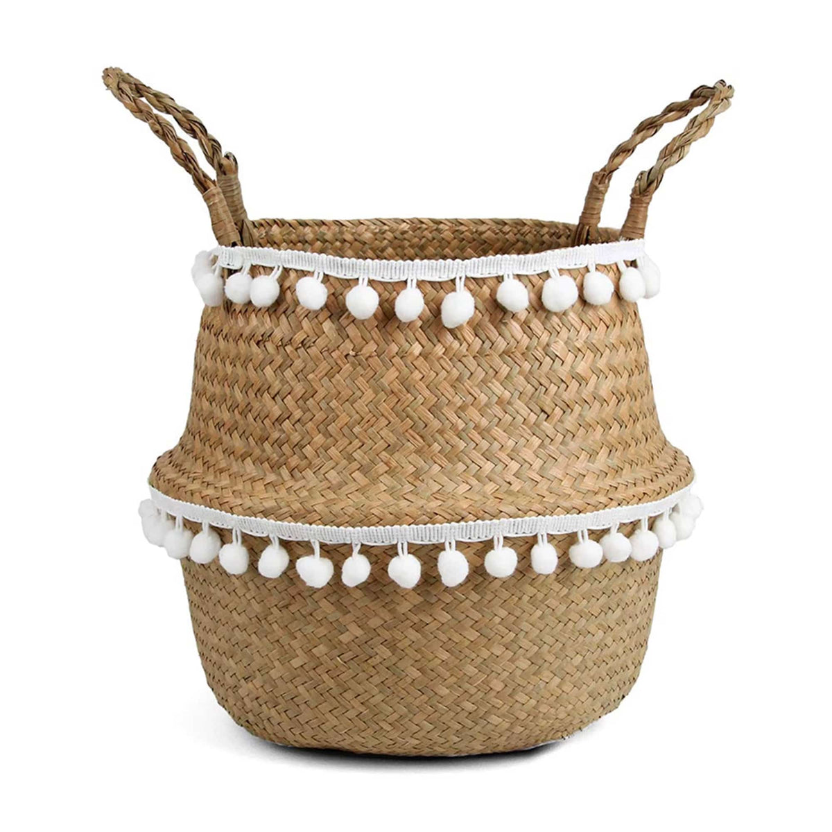 Round rattan basket with hand-knotted tassels