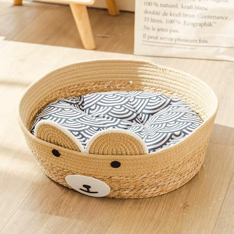 Dog-shaped handwoven wicker dog bed with ears and snout – another view