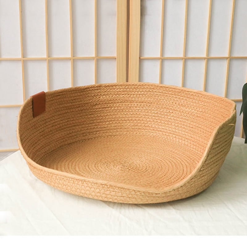 Raised handwoven natural rattan dog bed – another view