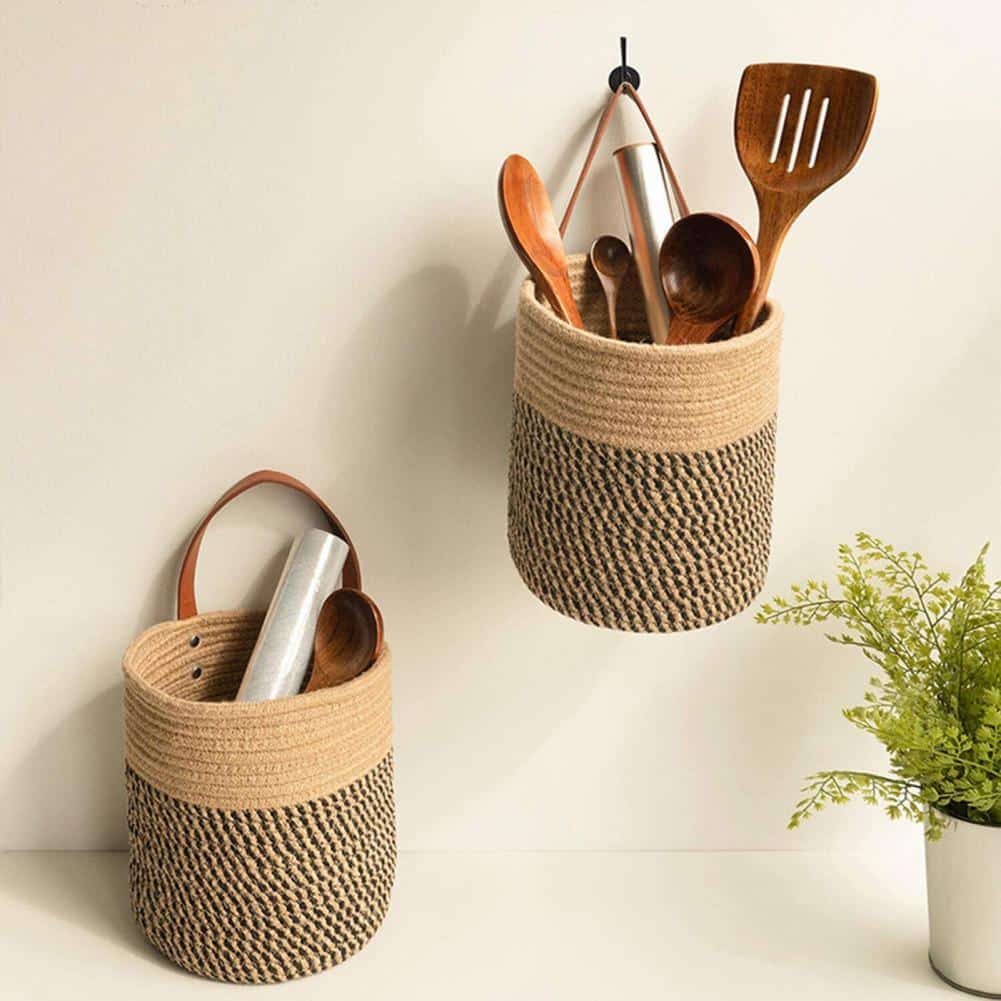 White handwoven plant-fiber hanging storage basket – shown in a room setting (3)