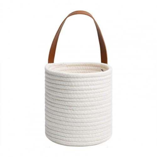 White woven plant-fiber hanging wall basket
