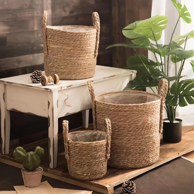 Open-weave natural wicker basket for garden, flowers or laundry – shown in a room setting