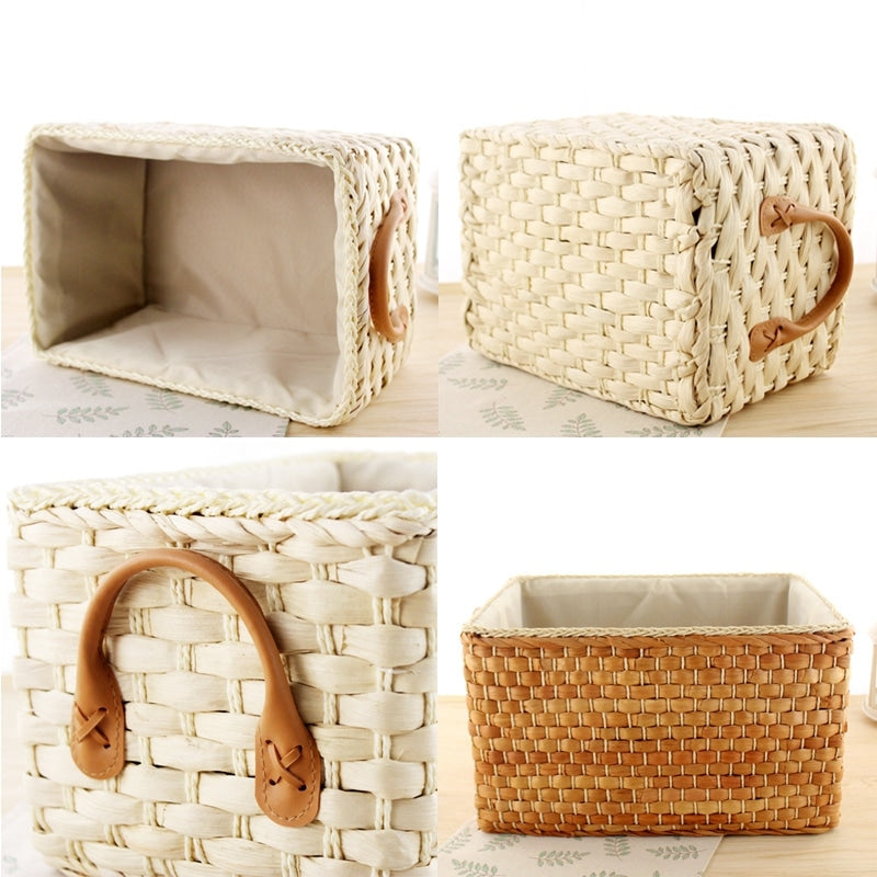 Handwoven wicker storage basket with two handles – multiple views