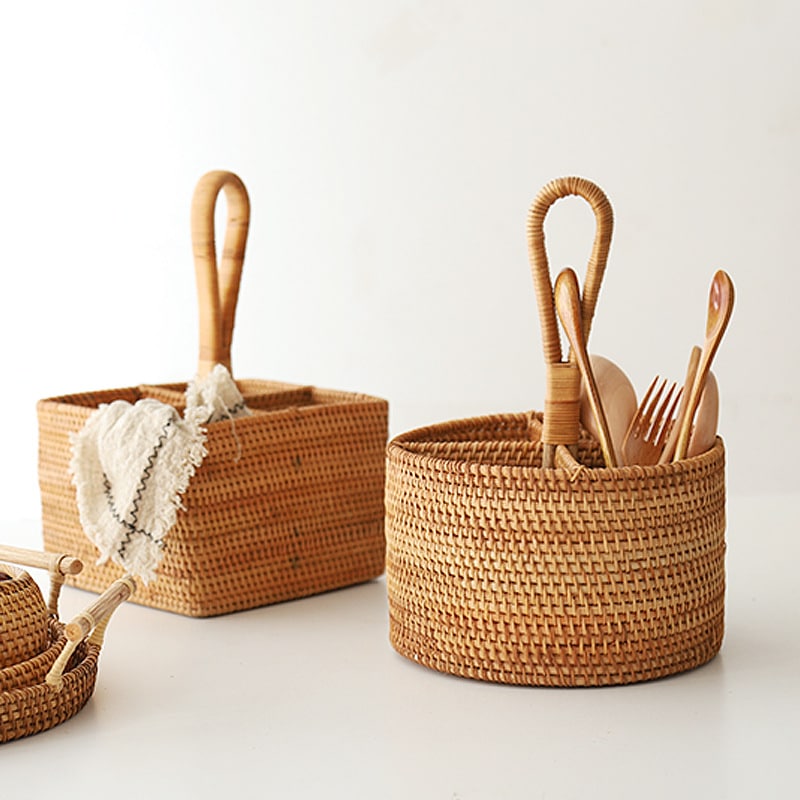 Open grid handwoven rattan storage basket – shown in a room setting (2)
