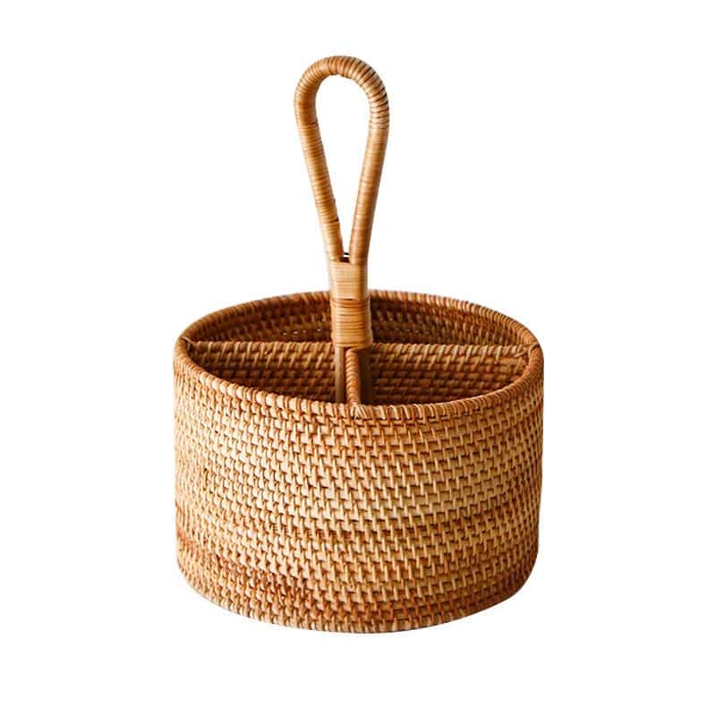 Open grid handwoven rattan storage basket – round with handle variant, another view