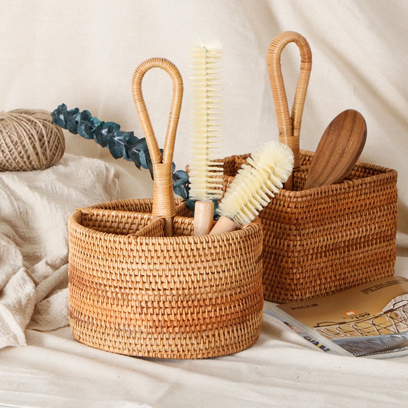 Open grid handwoven rattan storage basket – shown in a room setting