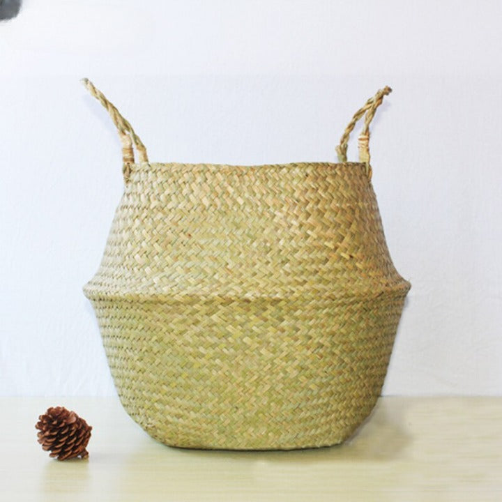 Beige handmade rattan basket used as a plant pot cover
