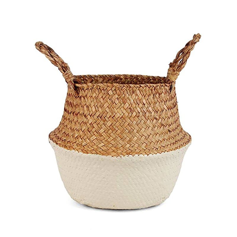 Boho two-tone foldable rattan storage basket with handles – beige variant
