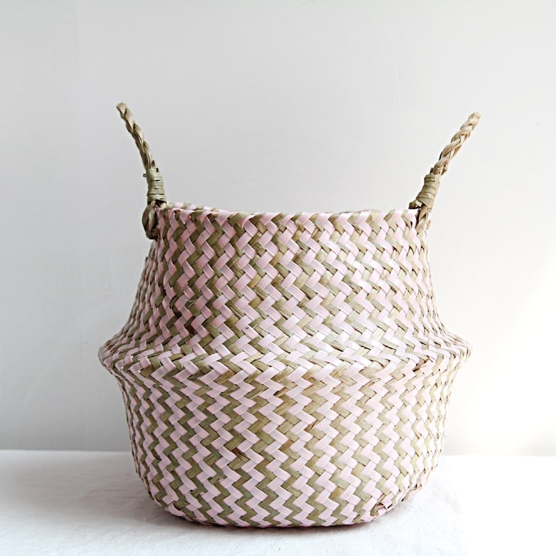 Boho striped foldable rattan storage basket – beige version, another view