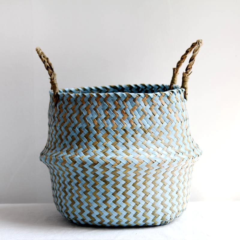 Boho striped foldable rattan storage basket – blue variant, another view