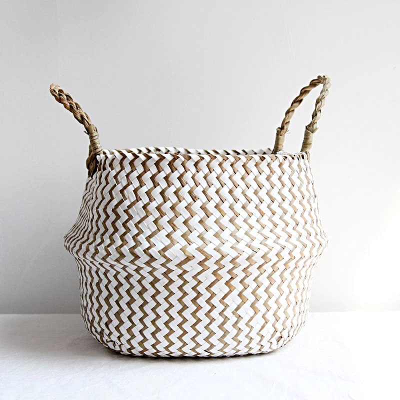 Boho striped foldable rattan storage basket – white variant, another view