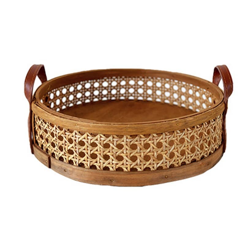 Brown rectangular handwoven rattan storage basket with handles