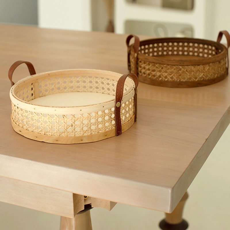 Brown handwoven rattan storage basket – shown in a room setting