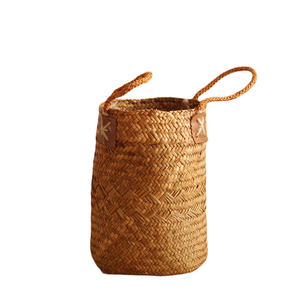 Nordic vintage brown handwoven harvest basket with rattan handles – another view