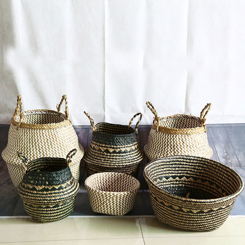 Foldable boho wicker bathroom basket – multiple views