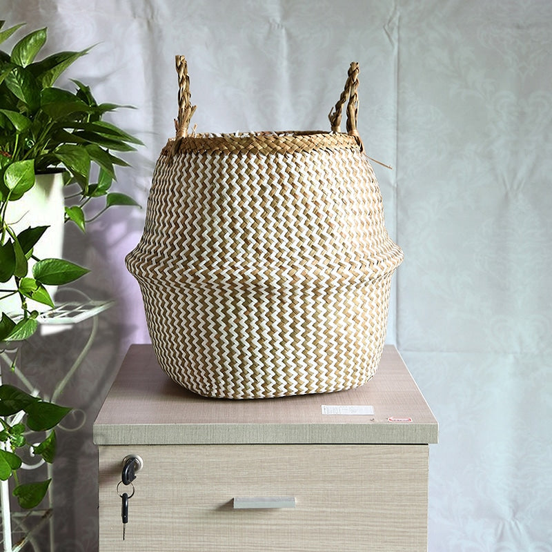 Foldable boho wicker bathroom basket – white variant, shown in a bathroom