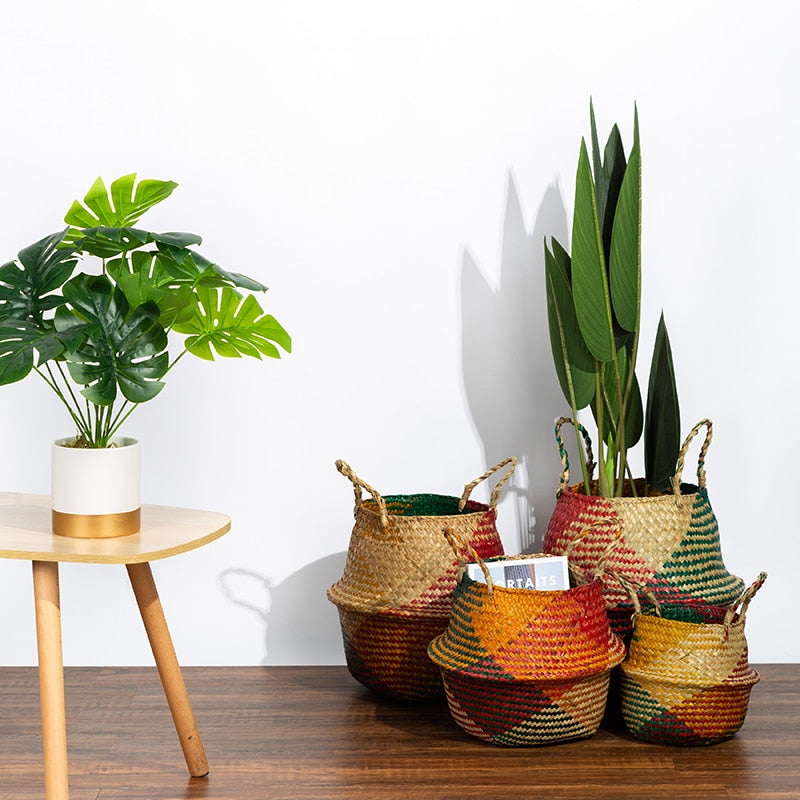 Foldable colorful hand-braided rattan storage basket – shown in a room setting