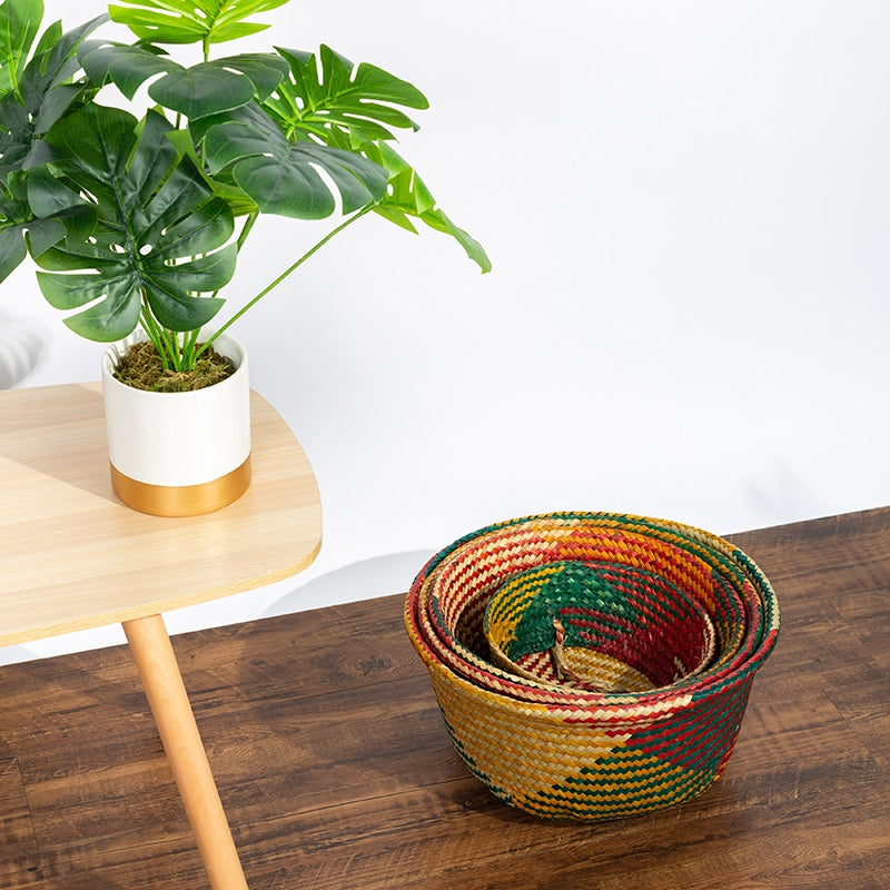 Foldable colorful hand-braided rattan storage basket – shown in a room setting (2)