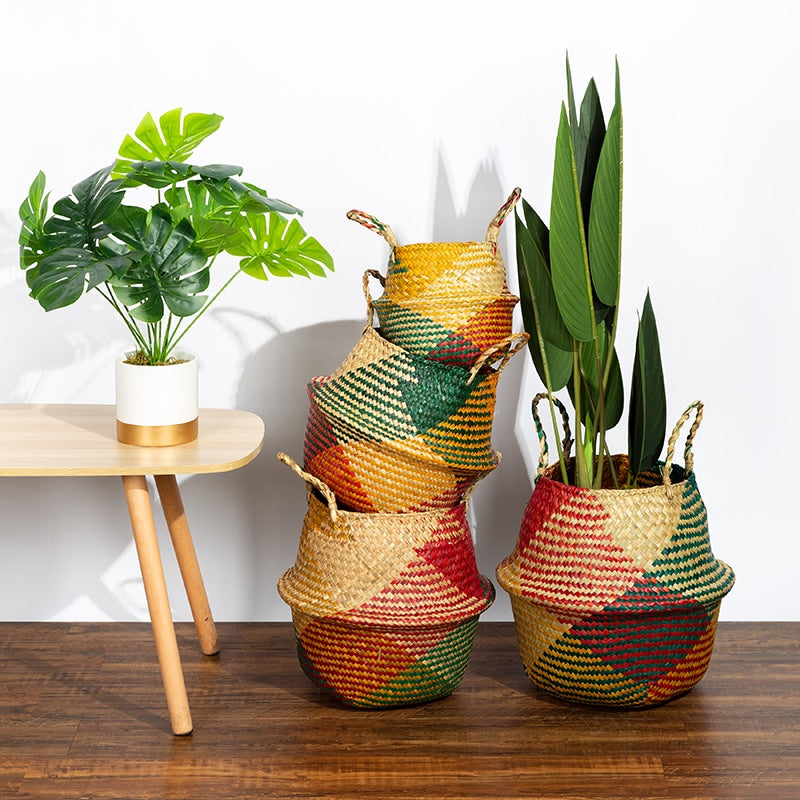 Foldable colorful hand-braided rattan storage basket – shown in a room setting (3)