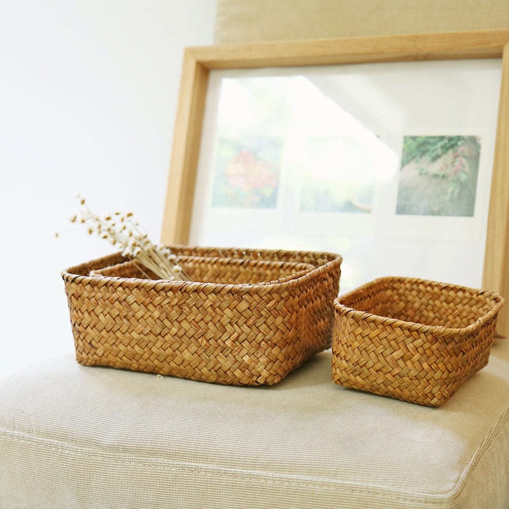 Structured rectangular handwoven rattan storage basket – shown in a room setting