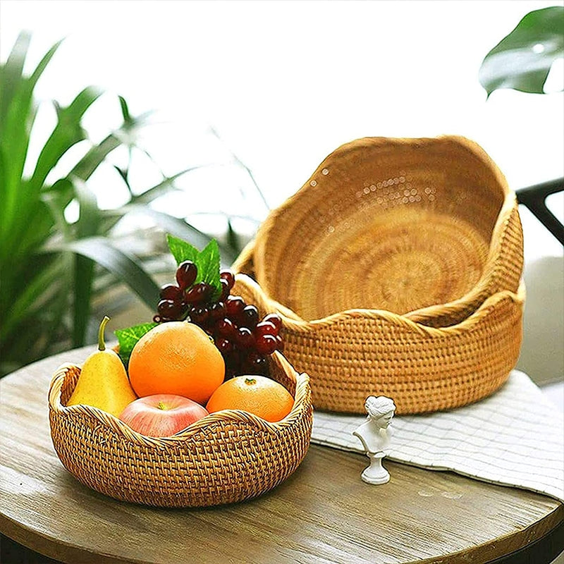 Round handwoven rattan and wicker storage basket – shown in a room setting (2)