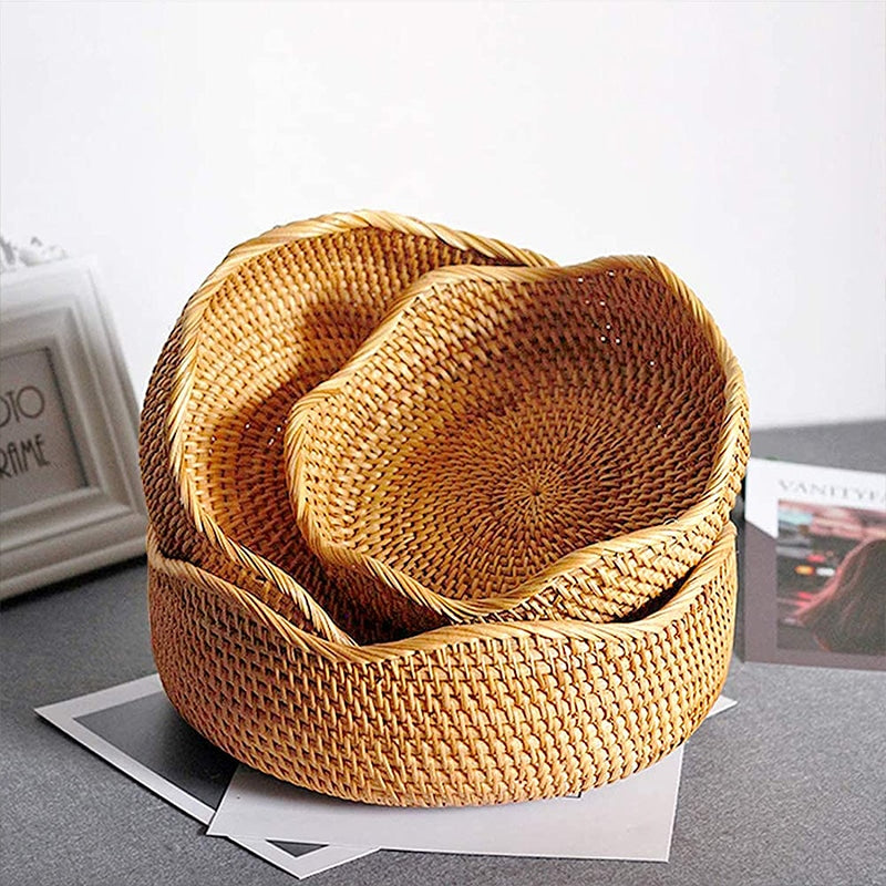 Round handwoven rattan and wicker storage basket – multiple views