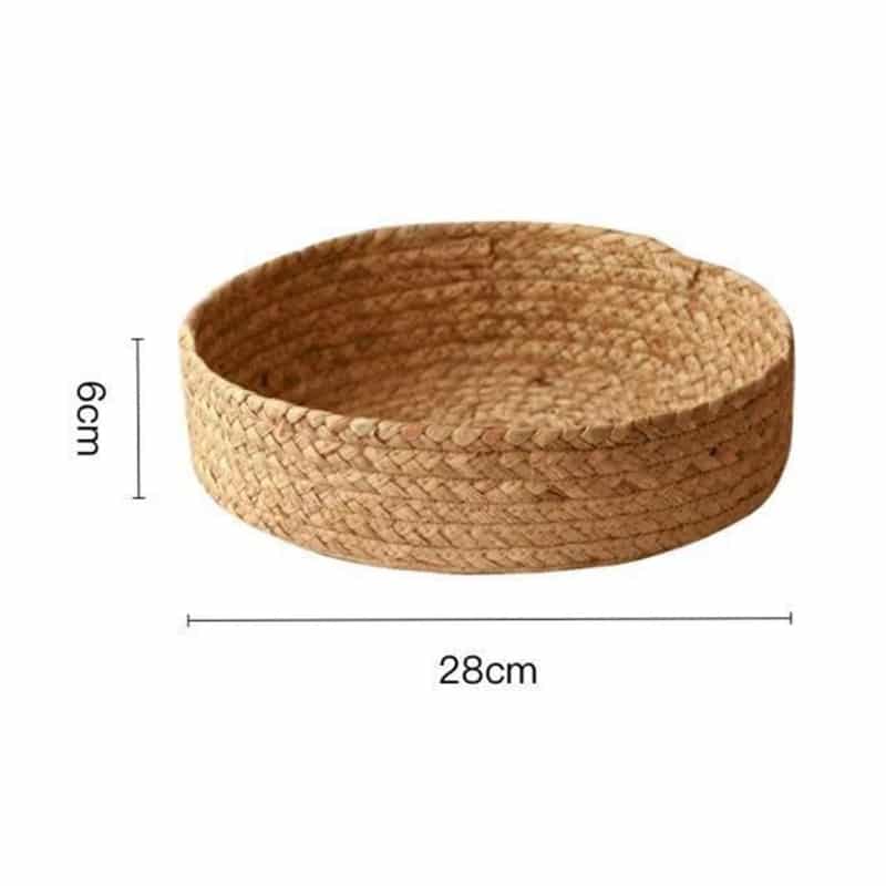 Round handwoven rattan basket with a center handle – dimensions diagram