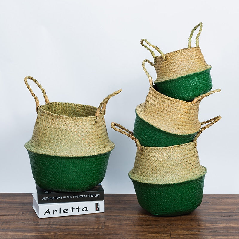 Nordic foldable natural wicker storage basket – multiple views